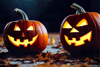Duas abóboras esculpidas com rostos sorridentes e iluminadas por dentro, sobre folhas secas, representando o espírito do Halloween.